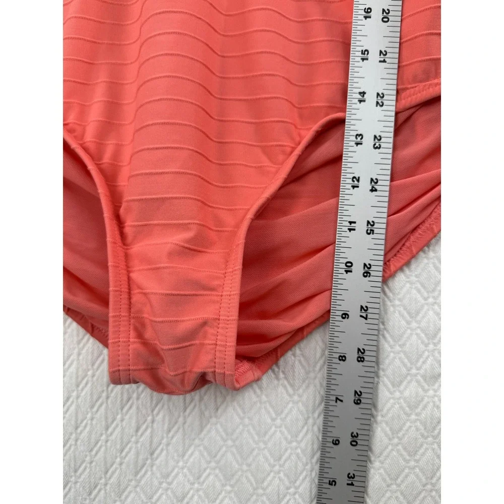 Lands End Womens XL 18 Coral Pink Ribbed Textured V-Neck One Piece Swimsuit